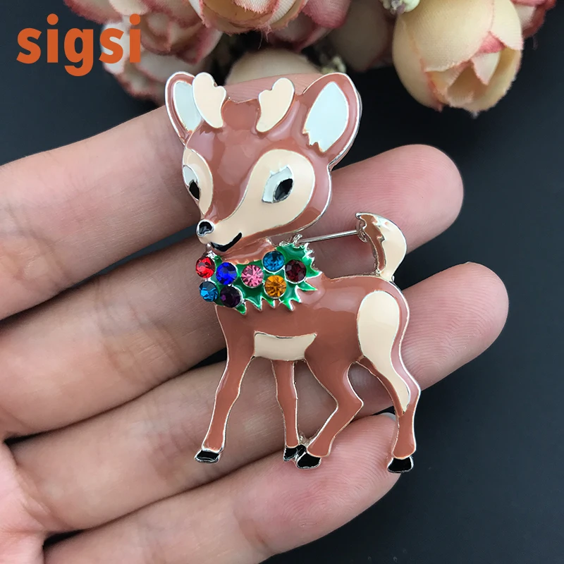 Christmas cute deer brooch pin, enamel deer with rhinestone garland broaches