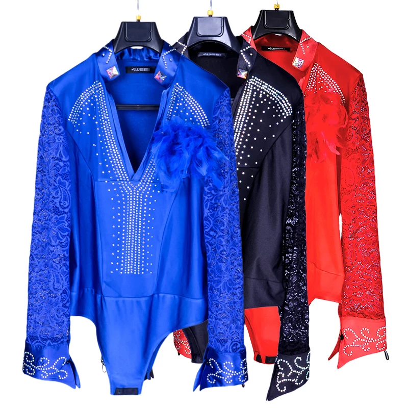 Latin Dance Shirts Men Rhinestone Lace Long Sleeves Leotard Competition Men Latin Ballroom Shirt Male Dancing Clothes DNV10995