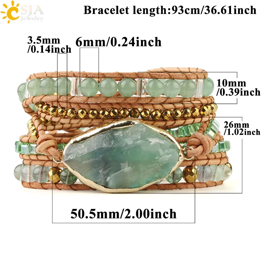 CSJA Natural Stone Bracelets Green Fluorite Crystal Aventurine Bead Leather Wrap Bracelet Multilayer Boho Jewelry Pulseira G118