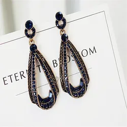 LUBOV Exaggerated Blue Crystal Lace Golden Metal Chain Dangle Earrings Women Personality Statement Drop Earrings Christmas Gift