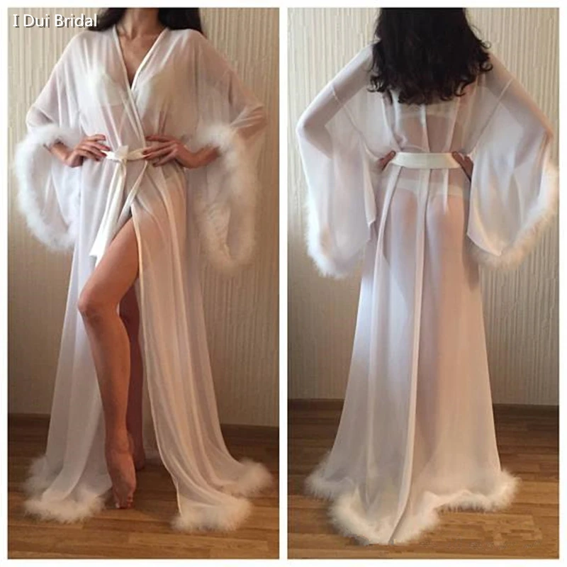 

Feather Wedding Bridal Robe Birthday Party Evening Gown with Belt