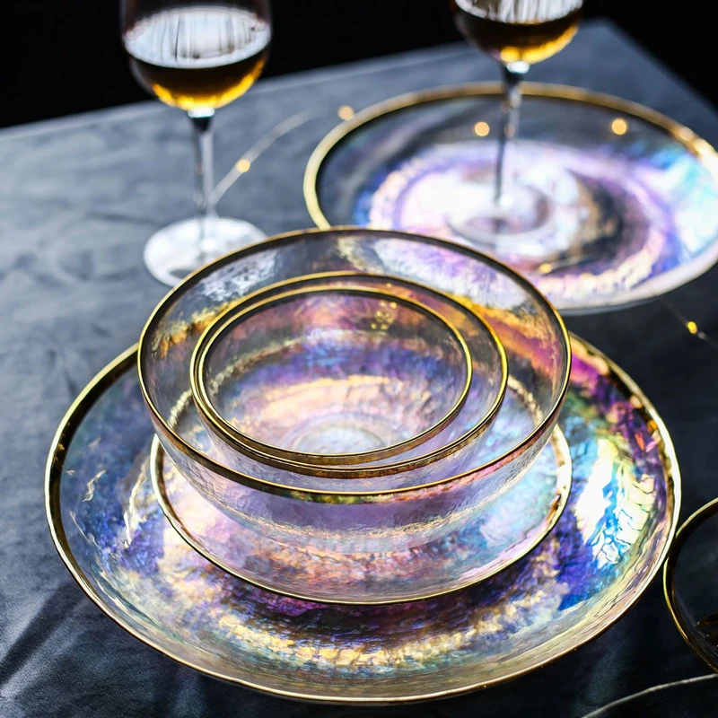 Dazzle Color Glass Dinnerware, Flat Plate, Salad Bowl, Gold Edge, Western Food Tray, Steak Snach Dishes, Fruit Bowls Container