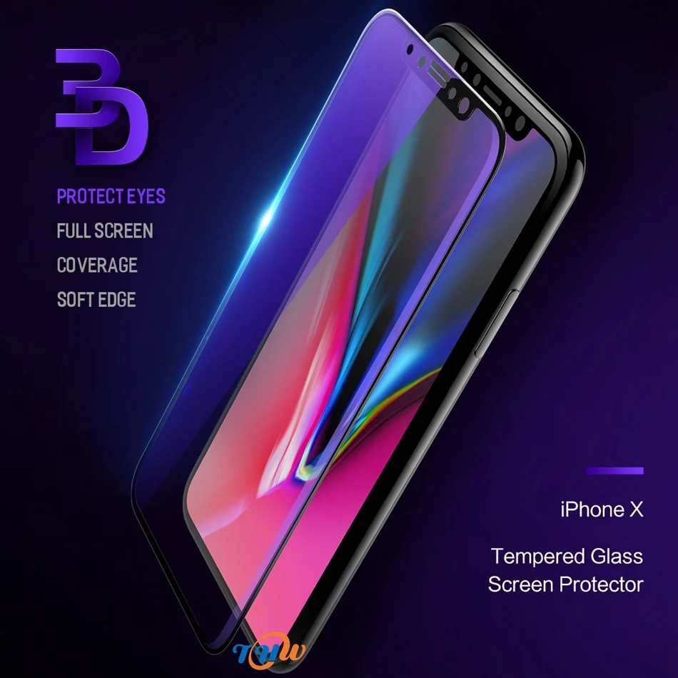 0.23mm 3D Curved Tempered Glass for iPhone X, Full Cover Soft Edge High Definition Anti Blue Light Screen Protector for iPhone X