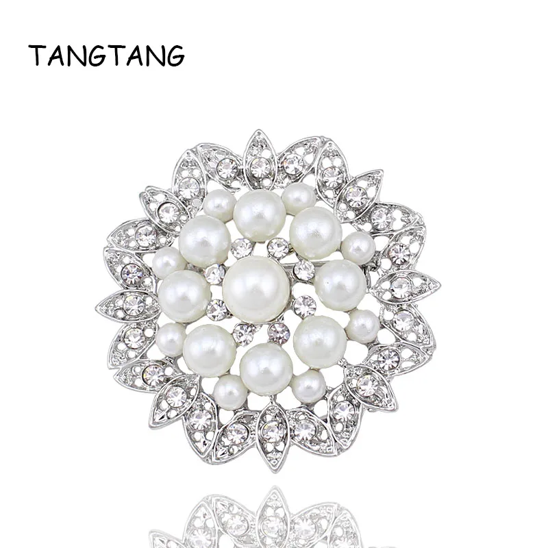 Pearl Brooch Fashion White Imitation Pearl Rhinestone Crystal Flower Bridal Brooch Pins Handmade For Wedding Hot Item NO.: FB019