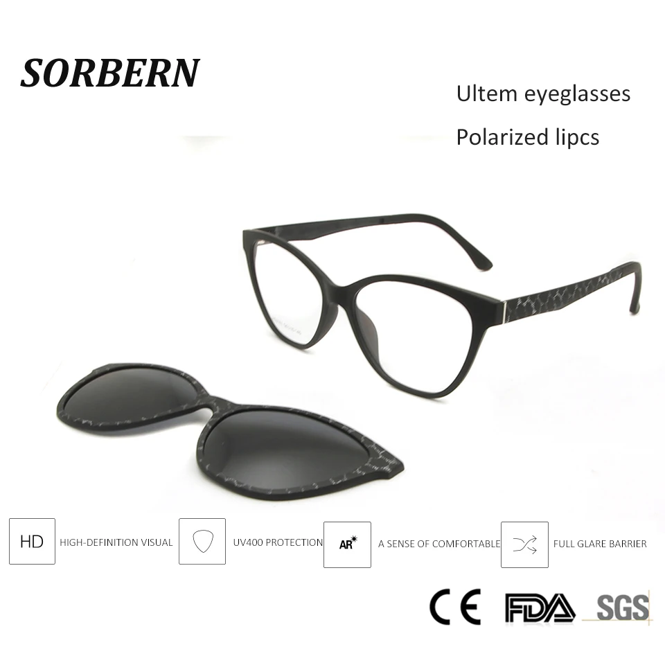 

SORBERN New Ladies Polarized Magnetic Clip On Sunglasses Women Sexy Cat Eye Optical Frames ULTEM Spectacles Prescription Glasses