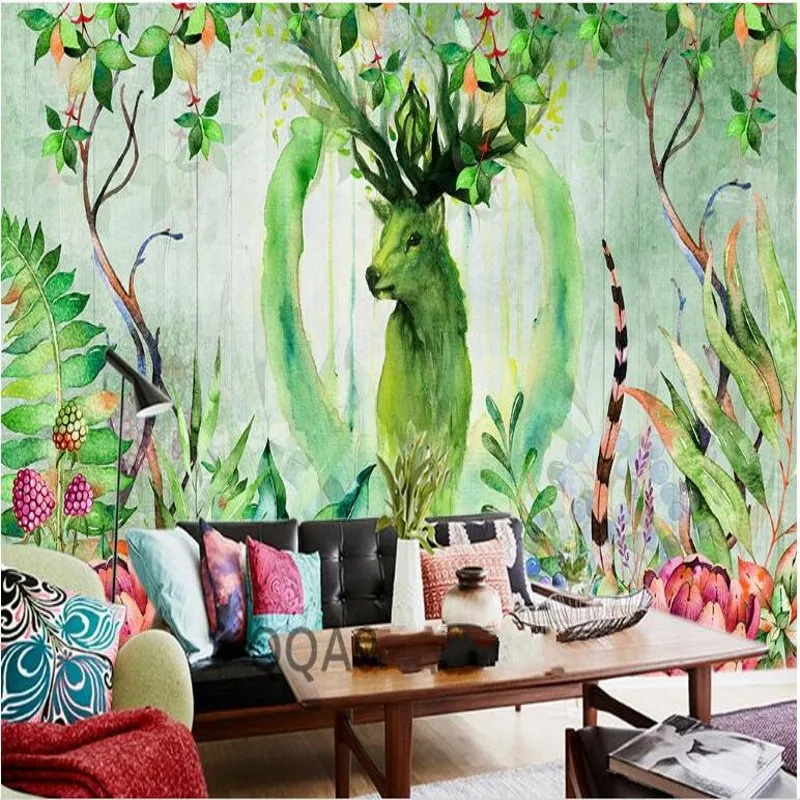 beibehang fresco fresh hand-painted multi-meat plant American retro pastoral deer head sofa wall wallpaper  papel de parede