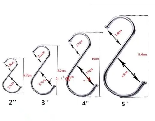 10 sztuk 2 "6.2 cm 3" 8.2cm 4 "10 cm 5" 11.6cm ze stali nierdzewnej S kształt haki wieszak zapięcie Rack kuchnia odzież kosze
