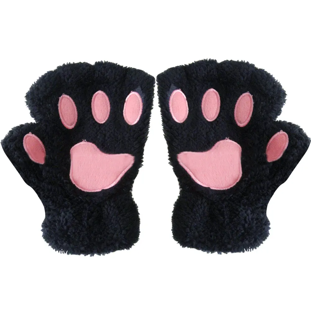 

Women Winter Fashion Gloves Animal Paw Gloves Short Half Finger Gloves Fluffy Bear Plush Mittens Warm Soft Gloves With A Strip