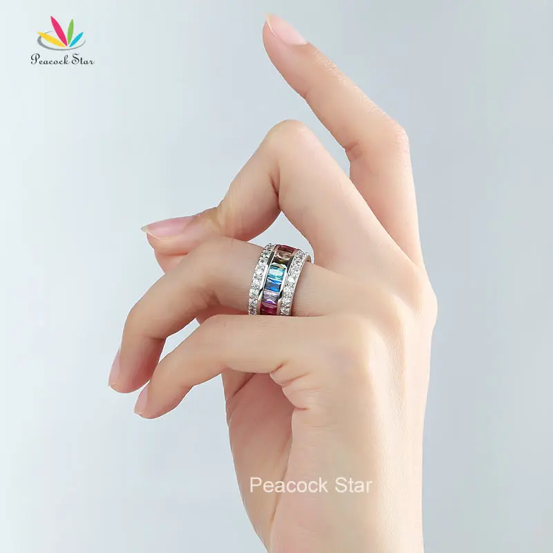 Peacock Star Multi-Color Stone Band Wedding Anniversary Solid 925 Sterling Silver Ring Jewelry CFR8241