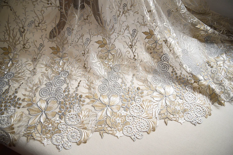 Guipure Fabric New Arrival Gray Gold Embroidery Tulle Lace Fabric With Floral Gold Thread Bridal Gown Lace Sewing Material