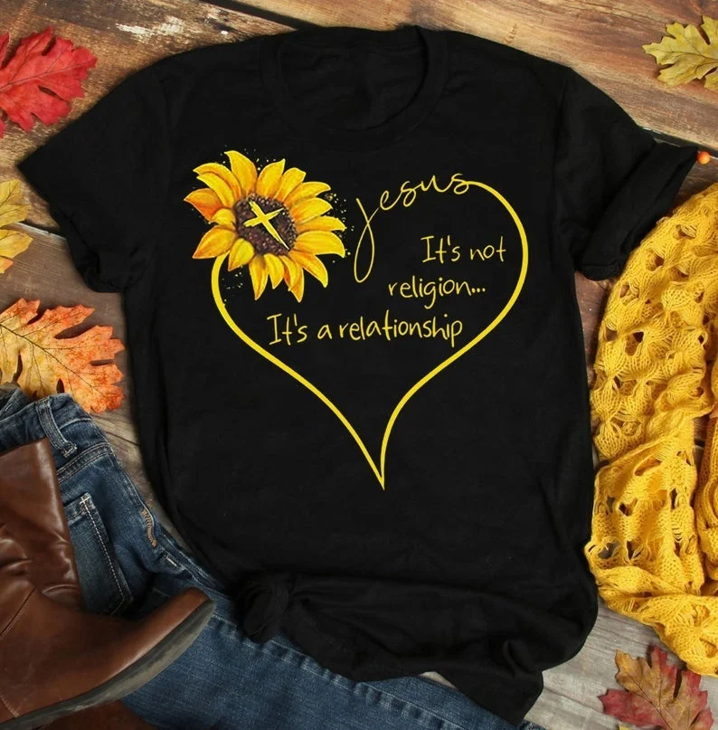 kuakuayu YF Heart Printed Jesus Its Not Religion A Relationship Sunflower Tshirt, Sunflower Lovers Tee Sunflower T-shirt