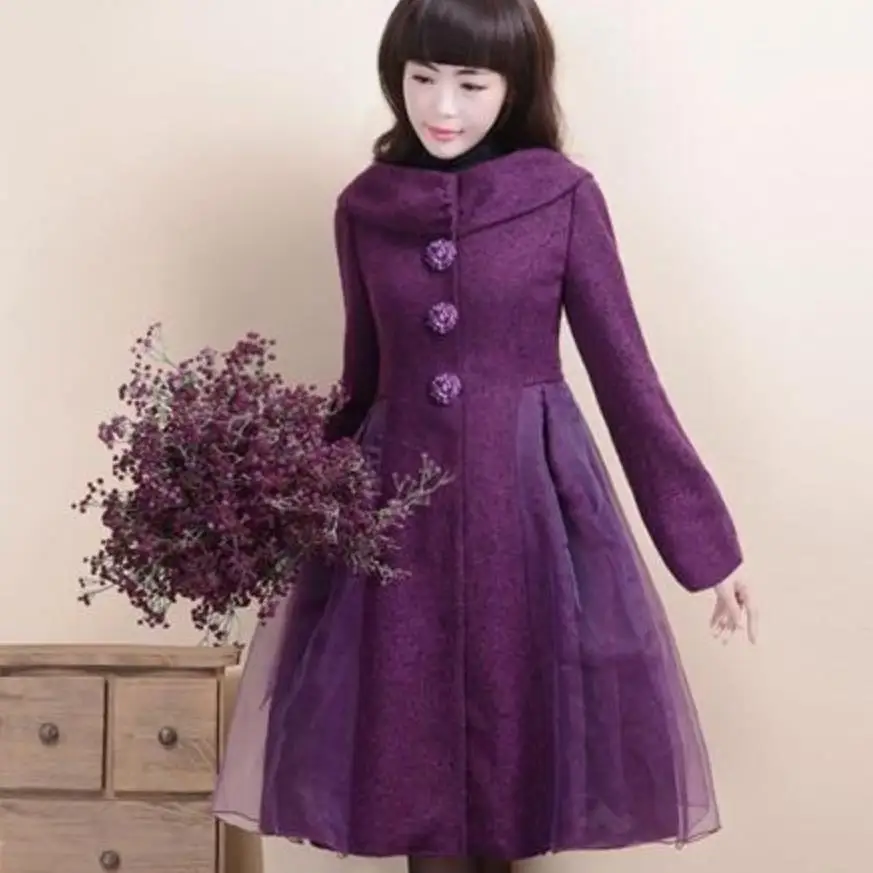 

New Autumn Winter Vintage Slim princess Wool blends Coat Women Organza Patchwork Woolen Jacket