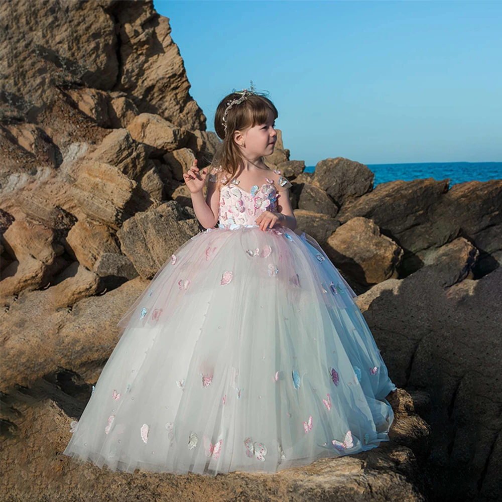 

New Arrivals Elegant Little Girls Pink Dress Ball Gowns Embroidery Lovely Butterflies Wedding Dresses Princess Birthday Gowns