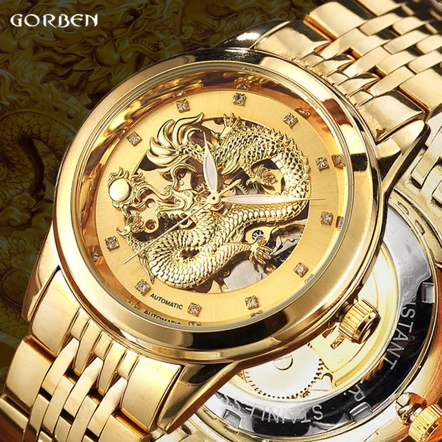 Luxury Gold Dragon Skeleton Automatic Mechanical Watches Men\'s Wristwatch Stainless Steel Black Clock Waterproof Male Cool Reloj