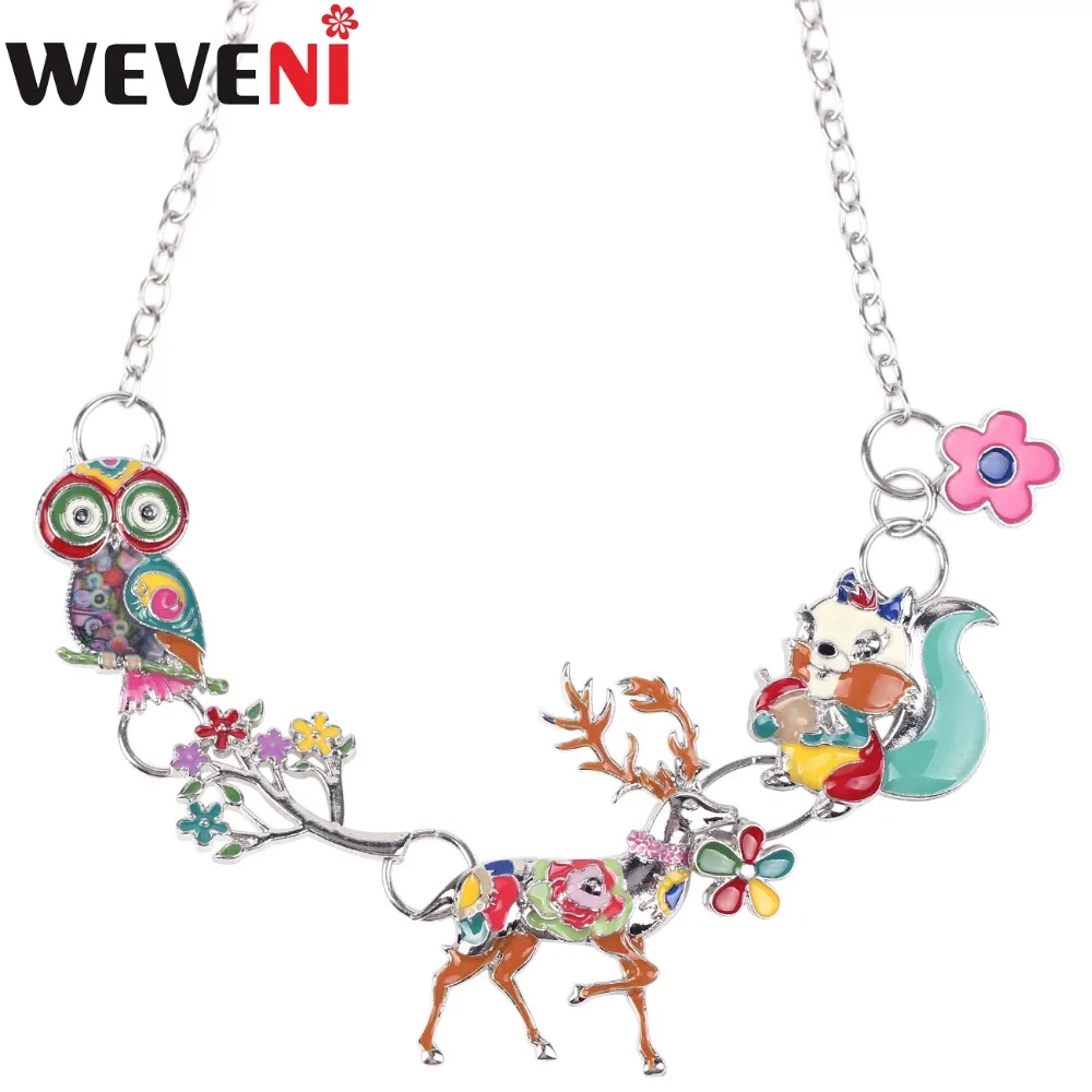 WEVENI Statement Enamel Metal Deer Owl Squirrel Choker Necklace Pendants Chain Collar 2017 New Fashion Animal Jewelry For Women