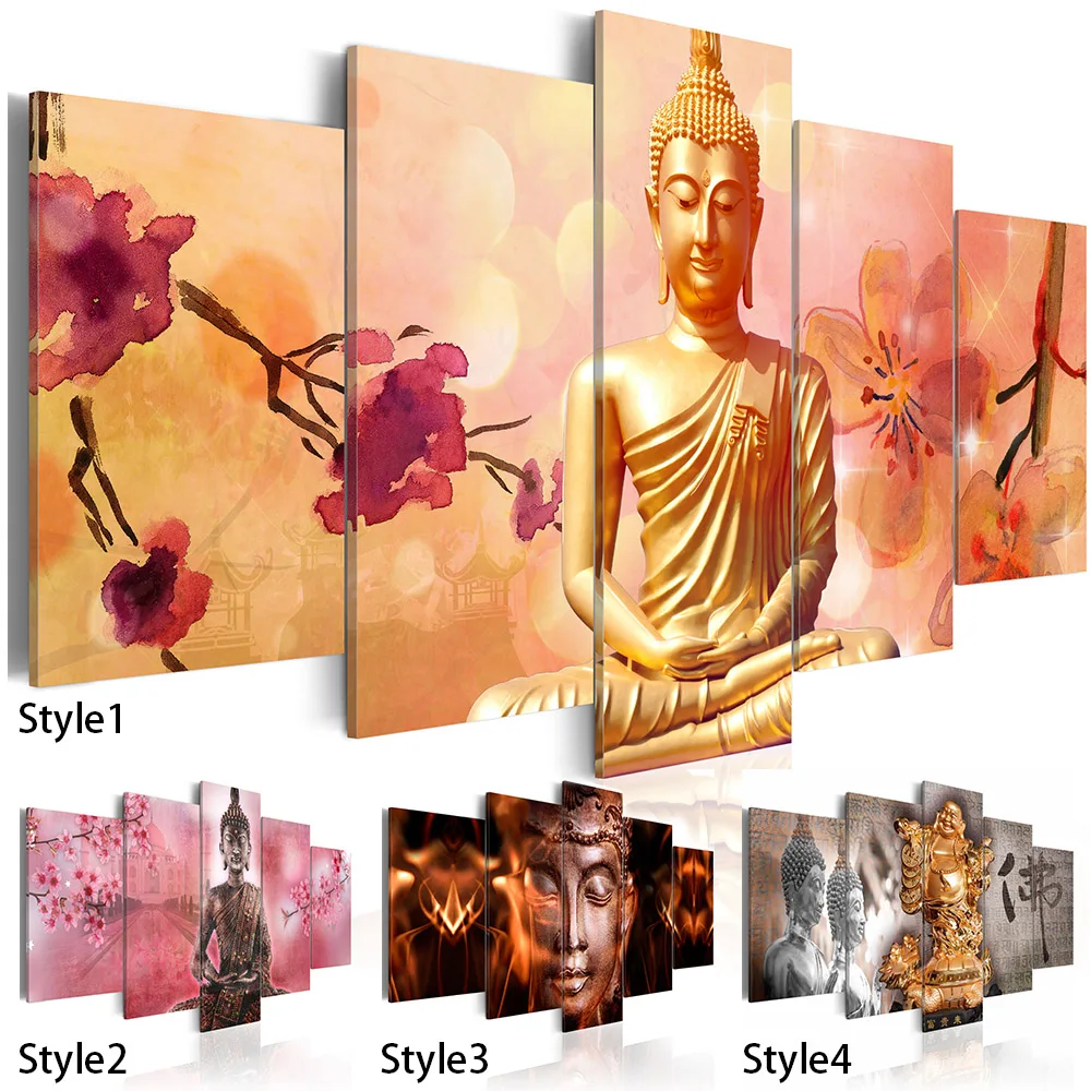 

2019 5 Panel Buddha Wall Art Oil Painting Plum blossom Flower Home Decoration Canvas Prints Pictures for Living Room( No Frame )