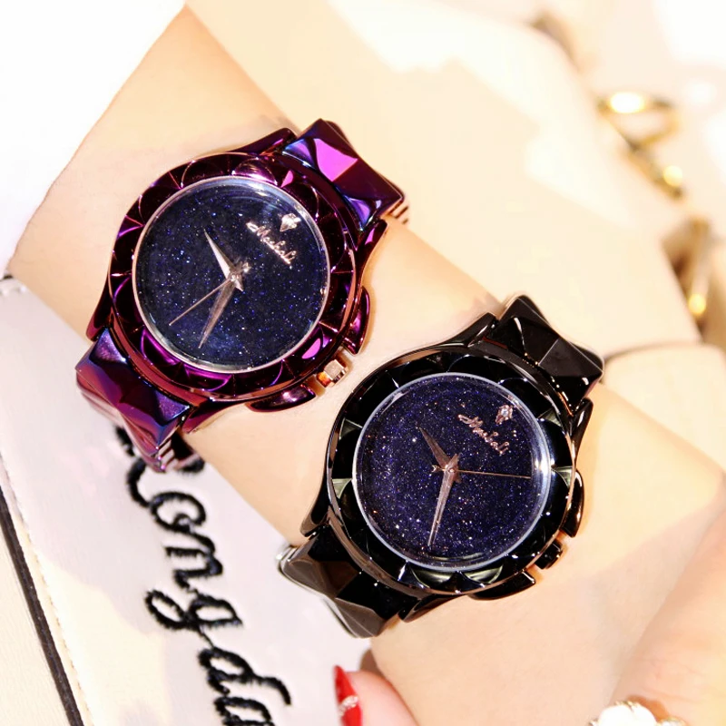 New fashion style black starry sky woman watch with large dial case waterproof dress quartz ladies watch with steel watchband