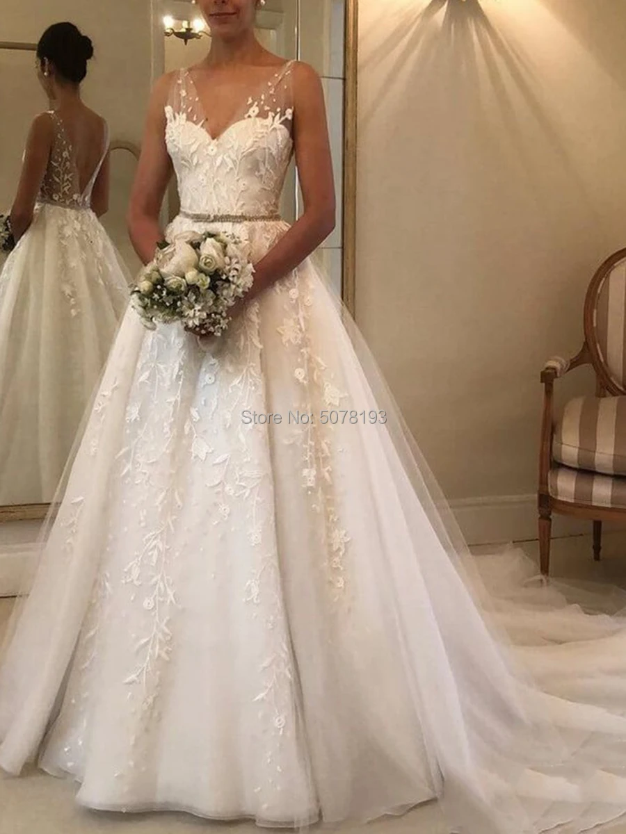 Elegante marfim com decote em v sem mangas linha a até o chão tule & organza vestidos de casamento/vestidos femininos apliques & cinto de contas frete grátis