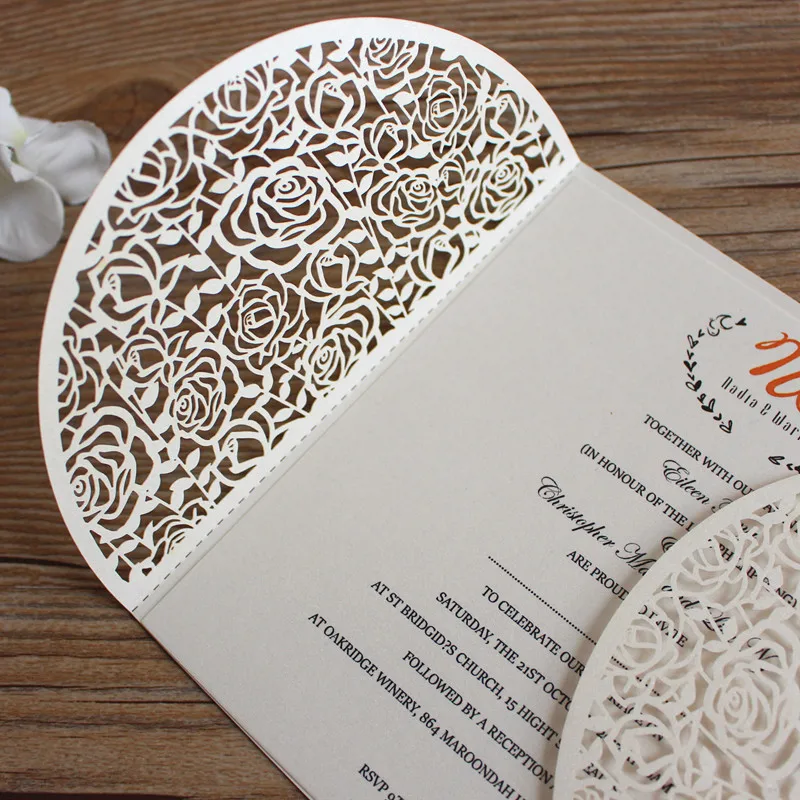 

White rose wedding invitation card lace decorated hollow laser cut shiny customized invitation 50pcs/lot