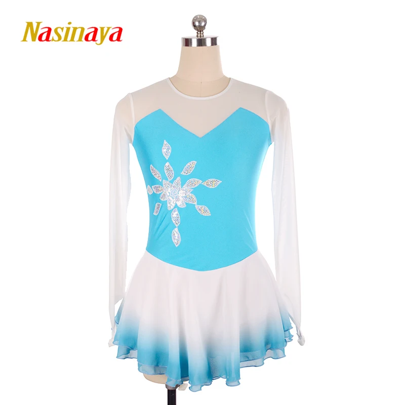 

Figure Skating Dress Girl Blue And White Skating Costume Show Wearing Long Sleeve Adult Lady Skating Skirt