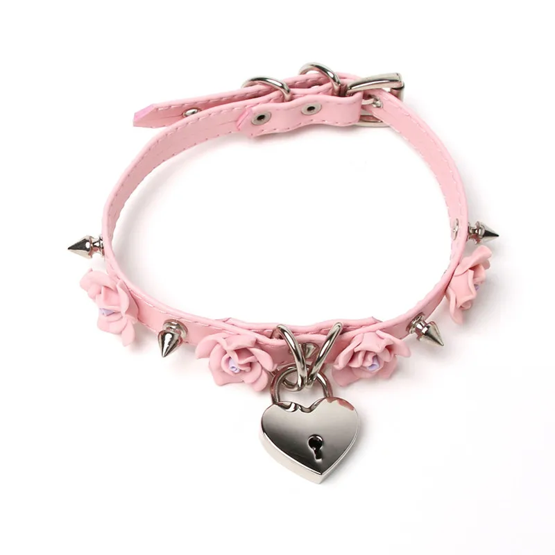 Kawaii Harajuku 100% Handmade Safe Heart Lock Key Rose Flower Choker Spikes Spiked Collar Buckle Necklace