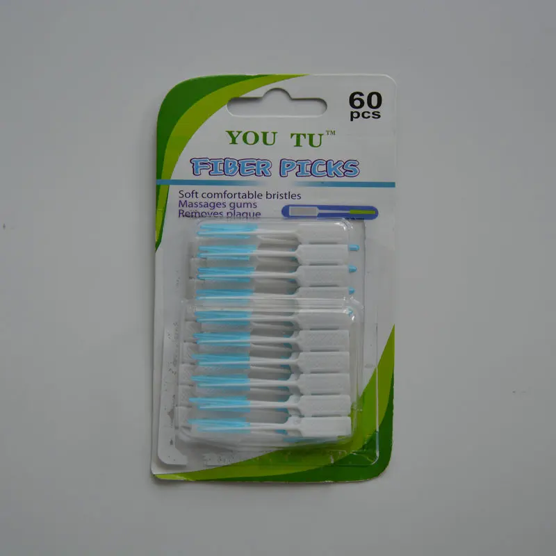 60pcs per box Dispossable Dental Fiber Toothpicks for Dislodges food and massage gums Interdental Brush with 1 free travel case