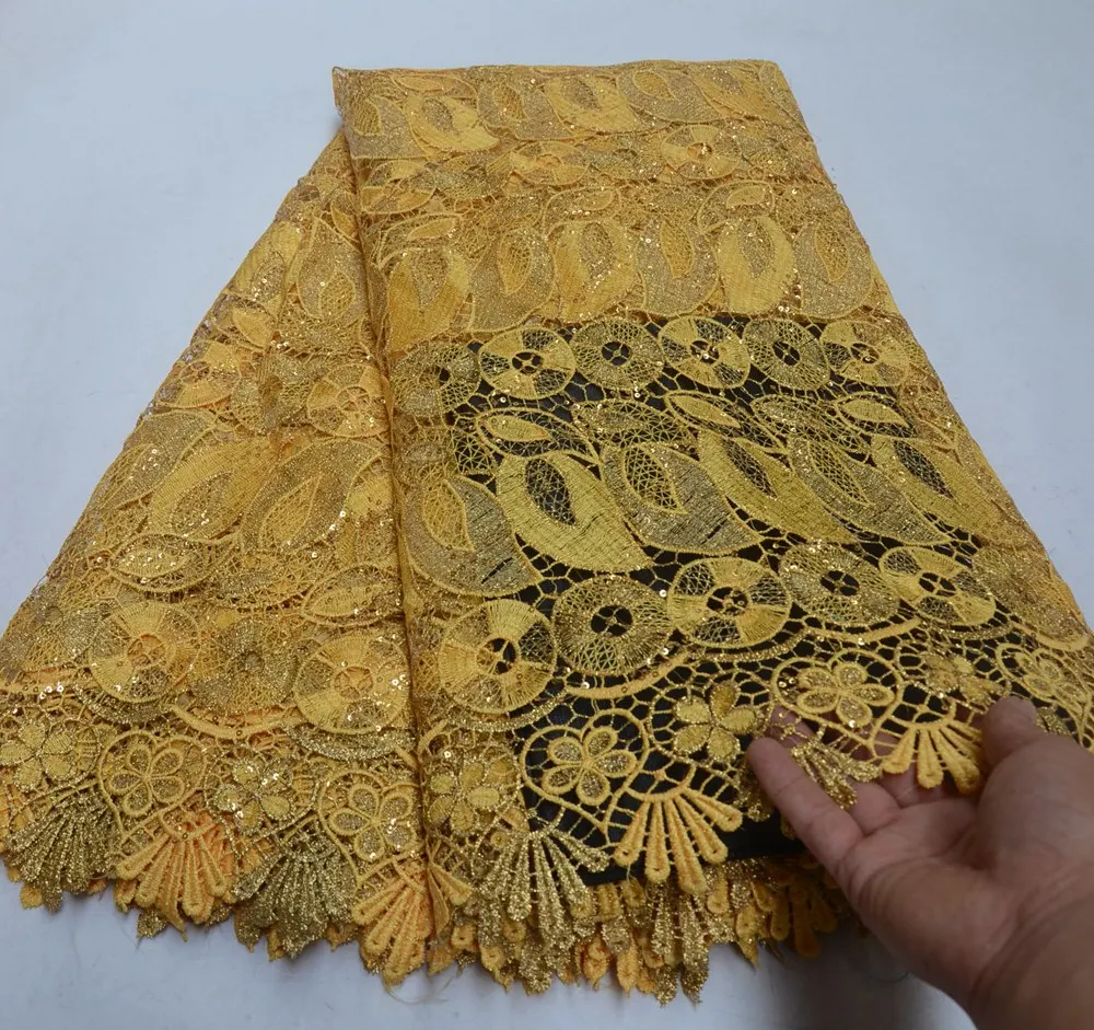 High Quality Yellow color french Guipure tulle lace fabrics 2019 New Arrivals African Net Lace Fabric Nigeria Sequins Lace .