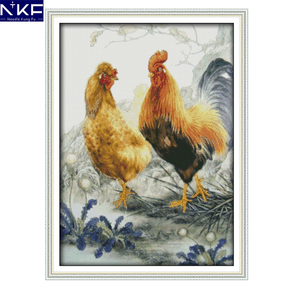 NKF Chicken couple animal style Chinese cross stitch alphabet chart embroidery needlework Christmas stocking for home decoration