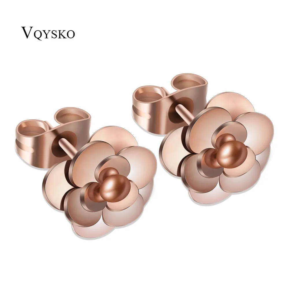 Fashion Women Earrings 316LStainless Steel Rose Gold Color Flower Stud Earrings