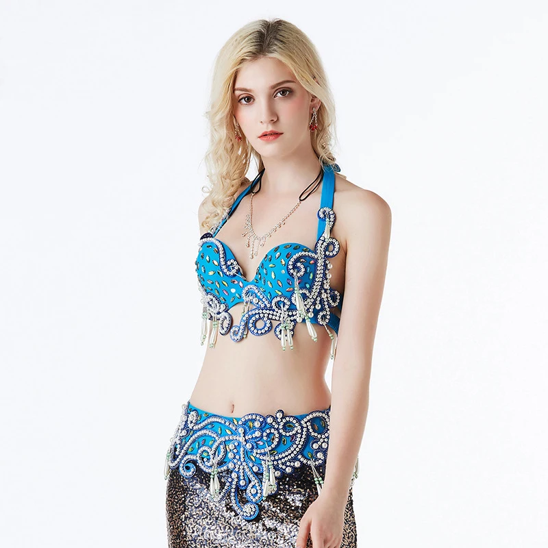 2019 Women Dance Wear Top Grade Egyptian Belly Dance Clothes Oriental Dance Costume Set Beaded Rhinestone Bra and Belt