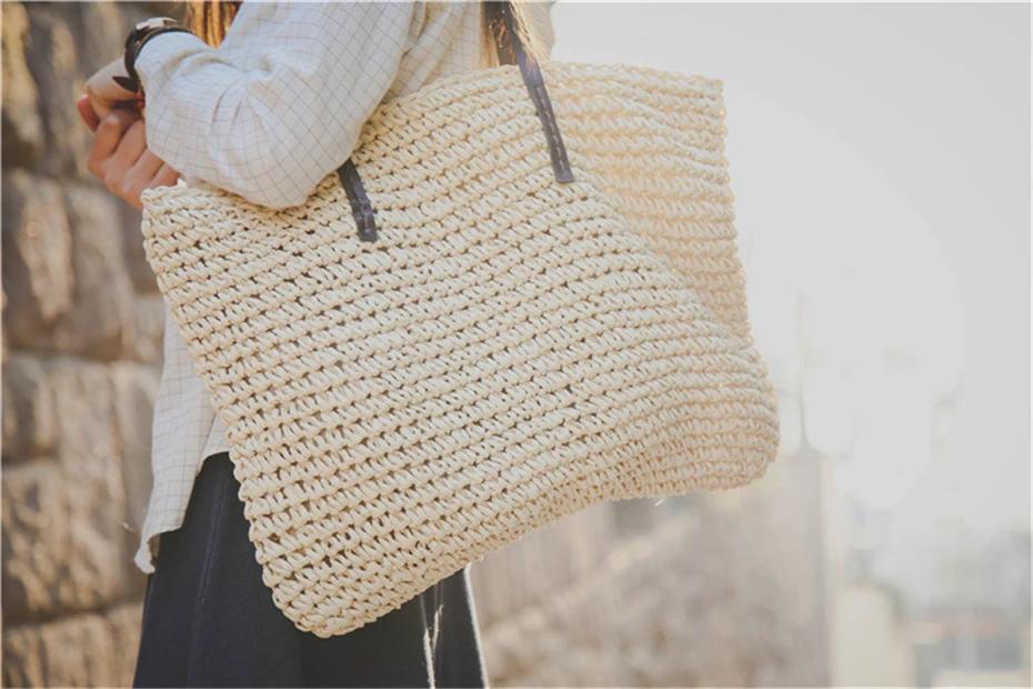 Frauen Handtasche Sommer Strand Tasche Rattan Gewebt Handarbeit Gestrickte Stroh Große Kapazität Totes Leder Frauen Schulter Tasche Böhmen Neue – Detail 5