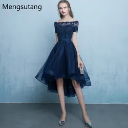 Robe de soiree Navy Blue lace up vestido de festa evening dress with Appliques Short Front Long Back Party Dresses prom dresses