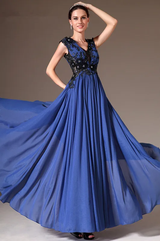 

Blue Evening Dresses A-line V-neck Chiffon Appliques Crystals Long Formal Party Evening Gown Prom Dresses Robe De Soiree