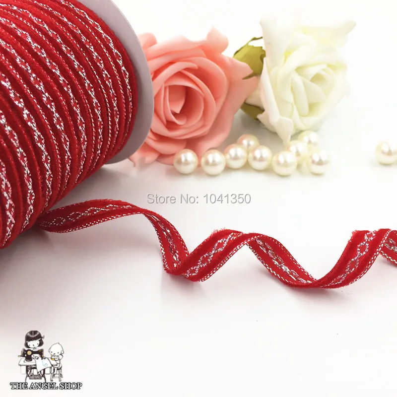 3/8\'\'(9mm) 10 Yards/Roll Single Face Silver Glitter Line Polyester Grosgrain Elastic Velvet Red Ribbon DIY Accessory