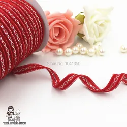 3/8''(9mm) 10 Yards/Roll Single Face Silver Glitter Line Polyester Grosgrain Elastic Velvet Red Ribbon DIY Accessory