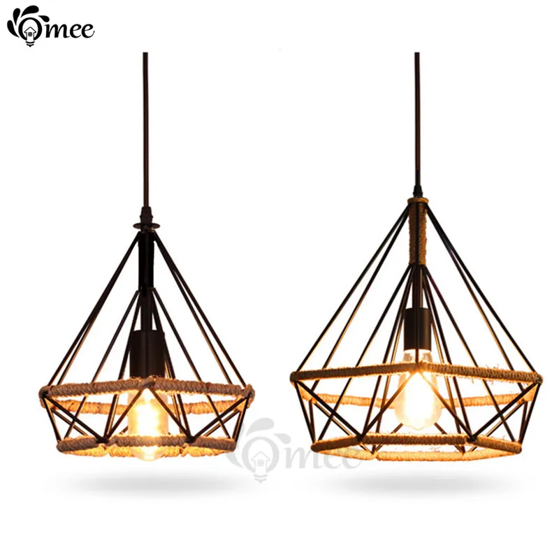 Vintage Birdcage Pendant Lights Rope Diamond Iron Minimalist Retro Lighting Scandinavian Loft LED Pyramid Lamp Metal Cage Dining