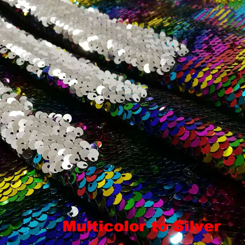 B·Y1yard Royal Multicolor to Silver Reversible Mermaid Fish Scale Sequin Fabric Sparkly Fabric For Dress Pillow Clothes Backdrop