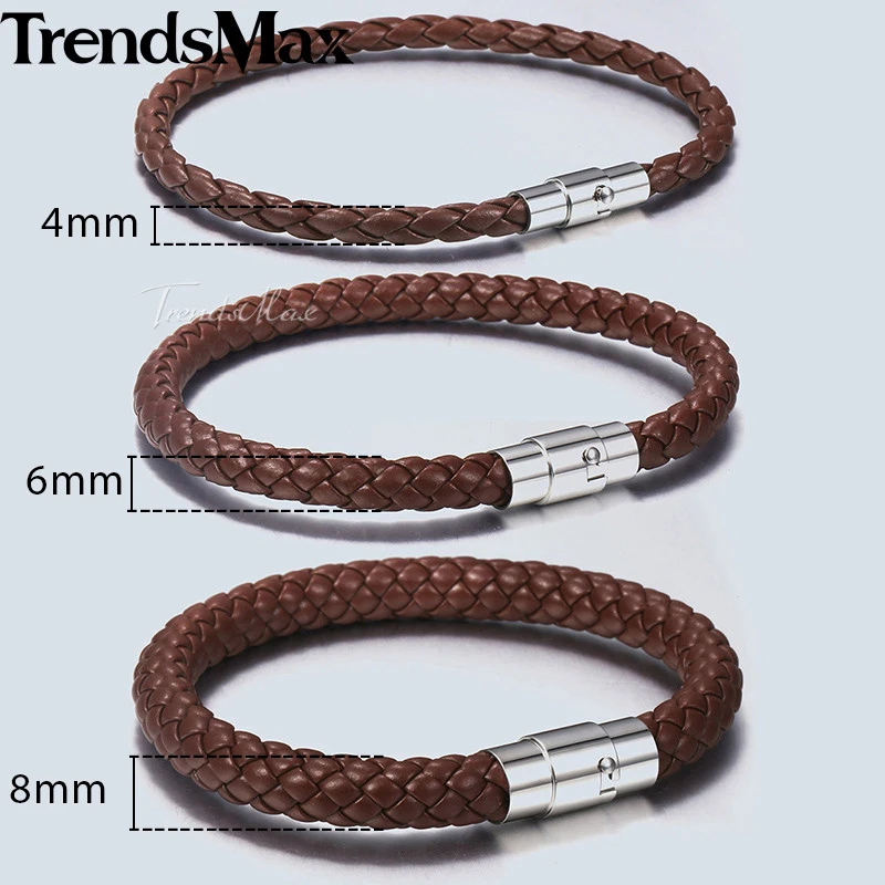 4/6/8mm Men\'s Leather Bracelet Black Brown Braided Bracelets Male Jewelry Gift Stainless Steel Magnet Clasp LBM118A