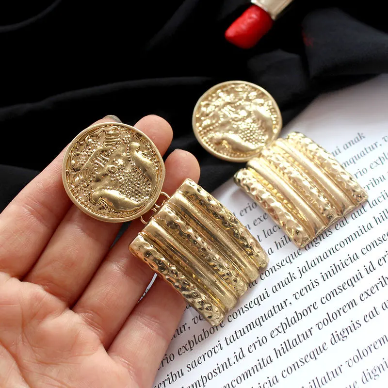 Carvejewl Vintage big Coin rectangle pendant drop Earrings Women Party jewelry Round Disc Medal Gold Silver Color dangle earring