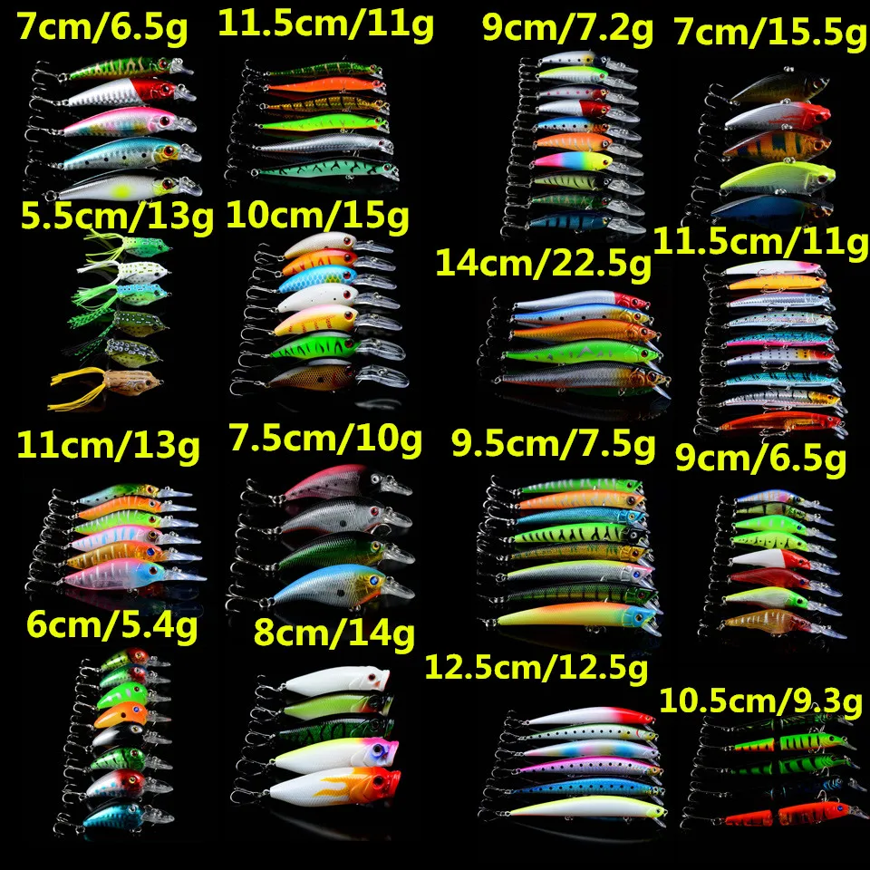 

LINGYUE New Arrival 104pcs/lot Fishing Lures Set Mixed Minnow/VIB/Popper/Crank and Soft Frog bait 104 Colors Bass Fishing Tackle