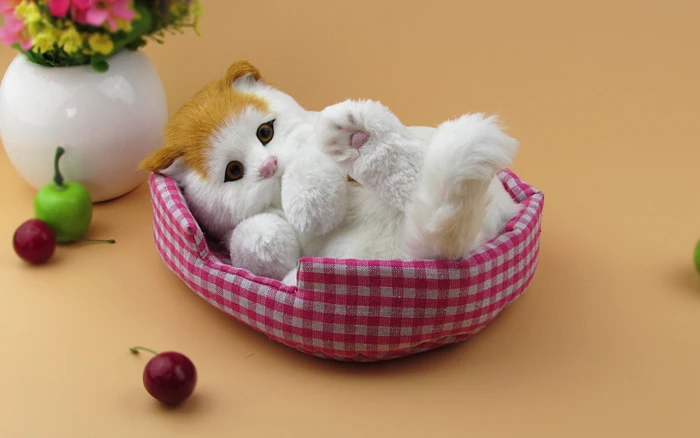 20x14 cm simulation mixed yellow&white cat model with mat ,plastic& fur lying cat sounding miaow,car decoration Xmas gift w5830