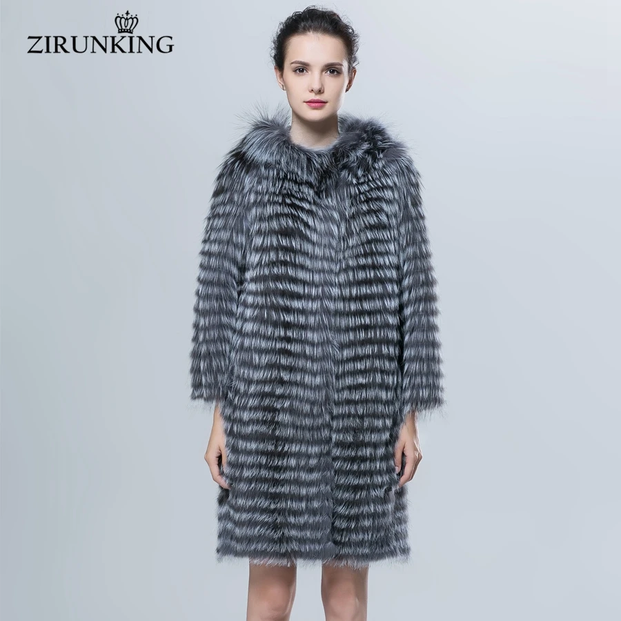 ZIRUNKING Hooded Slim Real Silver Fox Fur Coat Autumn Women's Coat Customized Fur Knitted Stripe Sewed Fox Fur Parkas ZCW-02YM