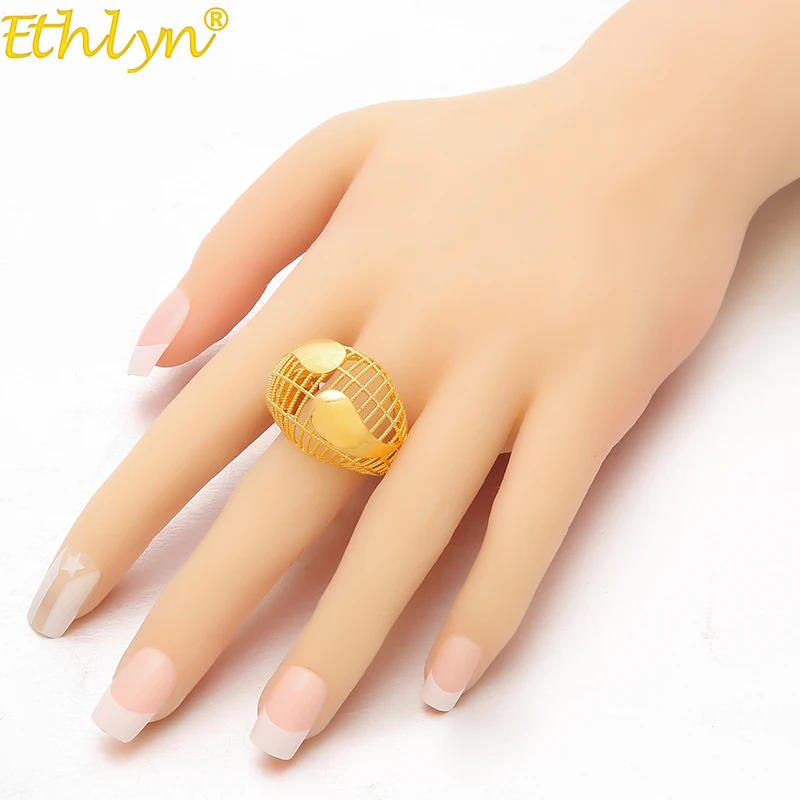 Ethlyn Jewelry Ethiopian Hollow Ring for Women/Teenage Girls Gold Color Charm Party Jewelry African Arab Items R77