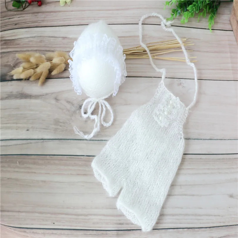 Hot sale Mohair baby hat and pants Lace Trim Romper bonnet props White baby hat Newborn Girl Overalls  photo props