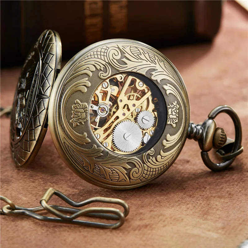 Unique Carving Vintage Train Bronze Roman Dial Mehanical Pocket Watch FOB Chain Smooth Hand Wind Mechanical Mens Womens Watches