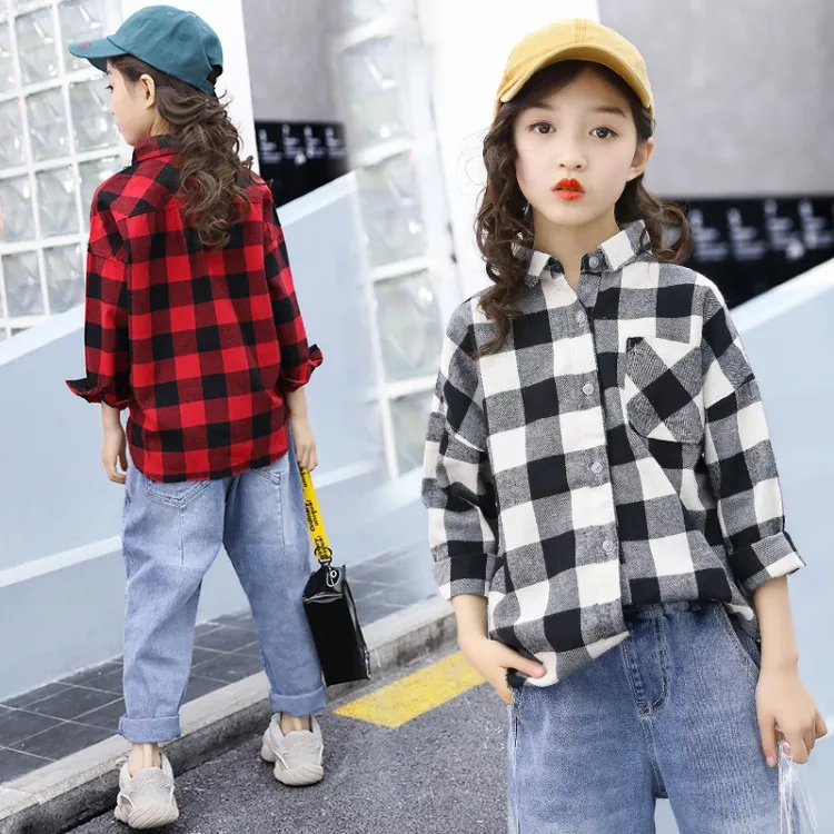 Girls Fashion Lattice Lace Spliced Off Shoulder Shirt Children's Spring Style Blouse Foreign Style Kids Cotton Tops Clothes X414