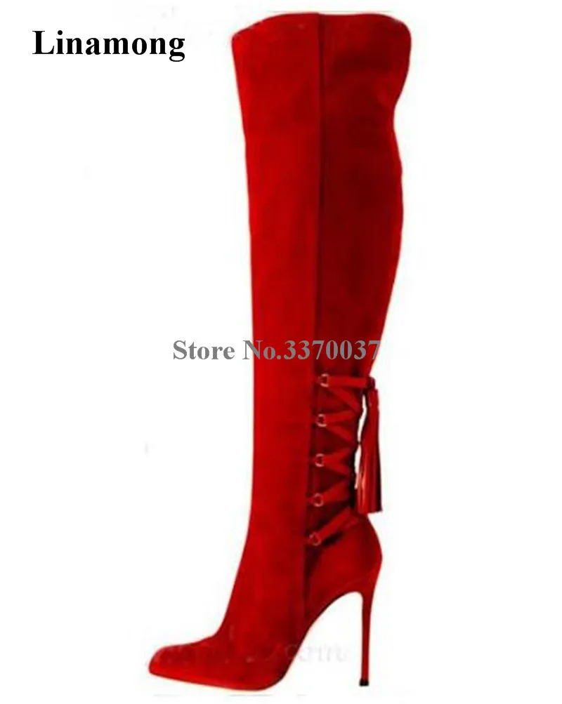 

High Quality Women Fashion Pointed Toe Red Suede Leather Over Knee Thin Heel Boots Back Lace-up High Heel Long Boots Dress Shoes