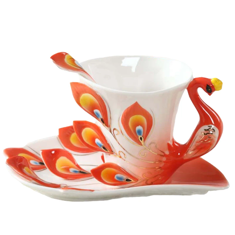 1 Pcs Peacock Coffee Cup Ceramic Creative Mugs Bone China 3D Color Enamel Porcelain Cup with Saucer and Spoon Coffee Tea Sets