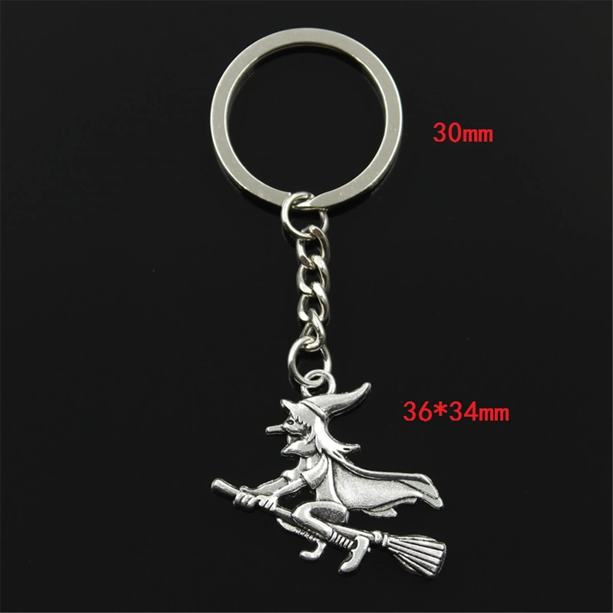 Neue Mode Männer 30mm Keychain DIY Metall Halter Kette Vintage Hexe Auf Besen Halloween 36x34mm Silber farbe Anhänger Geschenk