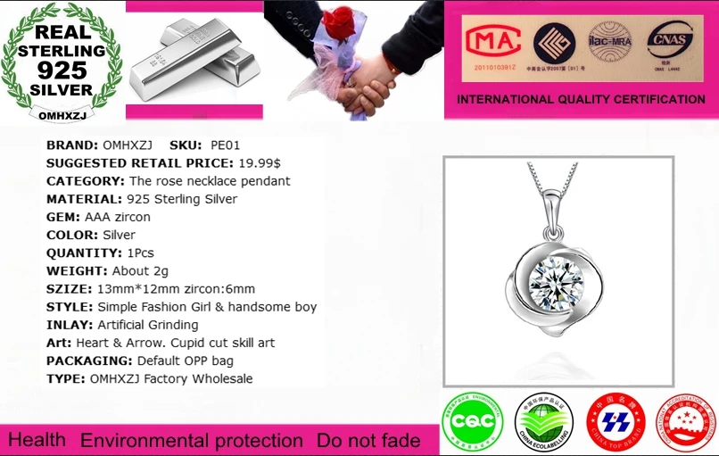 OMHXZJ Wholesale geometric rose flower woman fashion kpop star 925 sterling silver pendant Charms PE01 ( NO Chain Necklace )